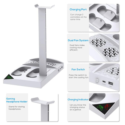 Charger Stand with Cooling Fan for Xbox Series S Console and Controller,Vertical Dual Charging Dock Accessories with 2 X 1400Mah Rechargeable Battery and Cover, Earphone Bracket for XSS